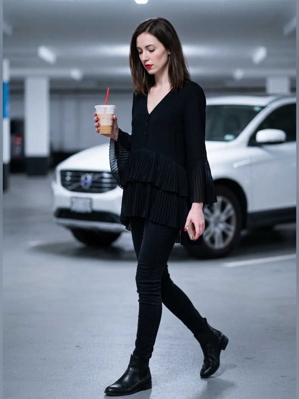 Zara Black Pleated Tiered Tunic Blouse Size M